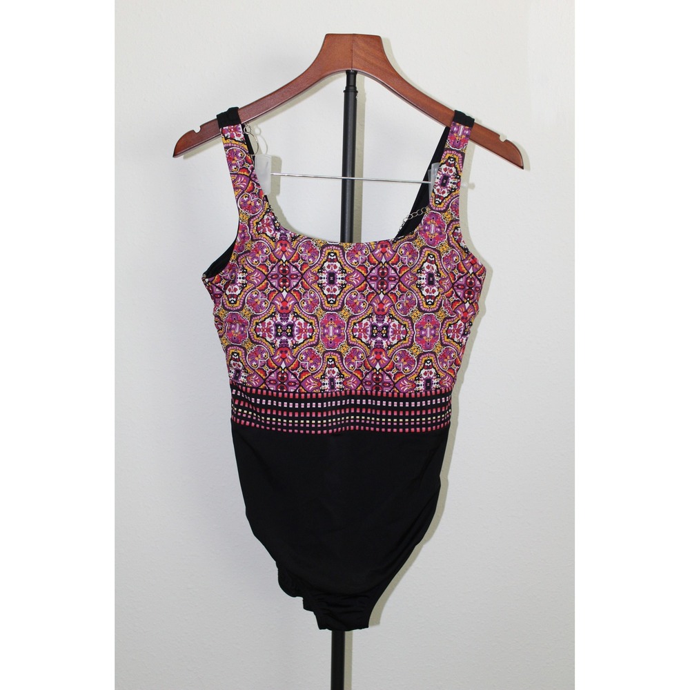 Lands End Womens 14P One Piece Swimsuit Pink Purple Paisley Medallion Black 14 P